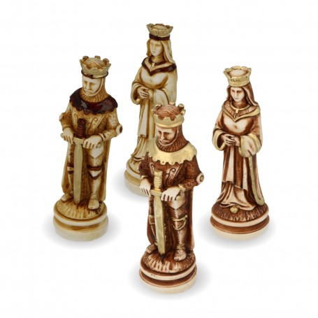 Schachfiguren "Mittelalter" aus Alabaster und Kunstharz überzogen im Holzeffekt