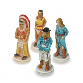 Schachfiguren Far West Cowboys gegen Indianer aus Alabaster und Kunstharz von Hand bemalt.