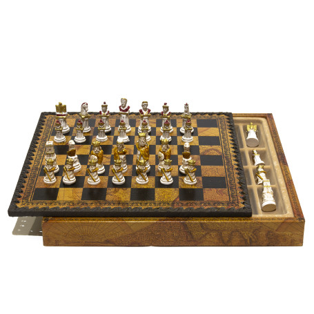 Komplettes Schachset mit Schachfiguren "Römer-Barbaren” Handbemalt und Schachbrett mit Box Behälter aus Kunstleder