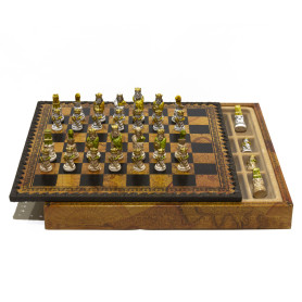 Komplettes Schachset mit Schachfiguren “VIKINGER” Handbemalt und Schachbrett mit Box Behälter aus Kunstleder