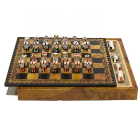 Komplettes Schachset mit Schachfiguren "Die Kreuzfahrer" Handbemalt und Schachbrett mit Box Behälter aus Kunstleder